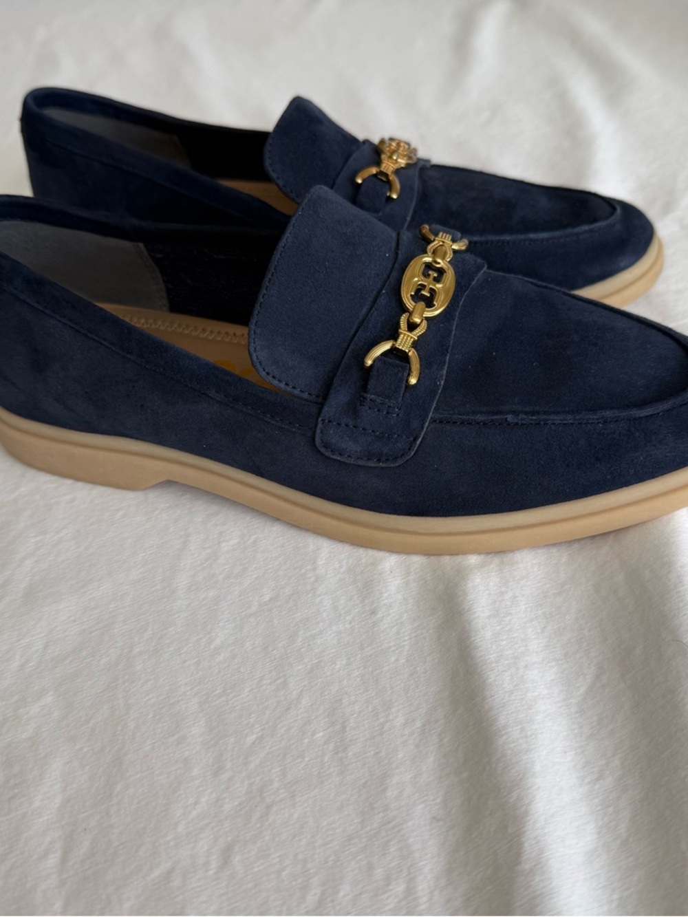 Sam Edelman Navy Suede Loafers with Gold Chain Accent